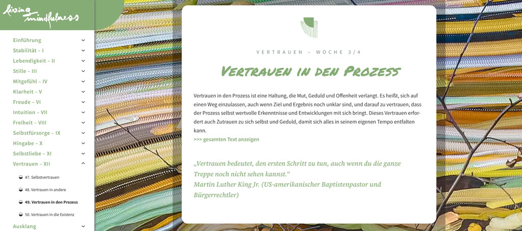 Ein Screenshot aus dem Modul "Vertrauen". 
Vertrauen in den Prozess ist eine Haltung, die Mut, Geduld und Offenheit verlangt. Es heißt, sich auf einen Weg einzulassen, auch wenn Ziel und Ergebnis noch unklar sind, und darauf zu vertrauen, dass der Prozess selbst wertvolle Erkenntnisse und Entwicklungen mit sich bringt. Dieses Vertrauen erfordert auch Zutrauen zu sich selbst und Geduld, damit sich alles in seinem eigenen Tempo entfalten kann.